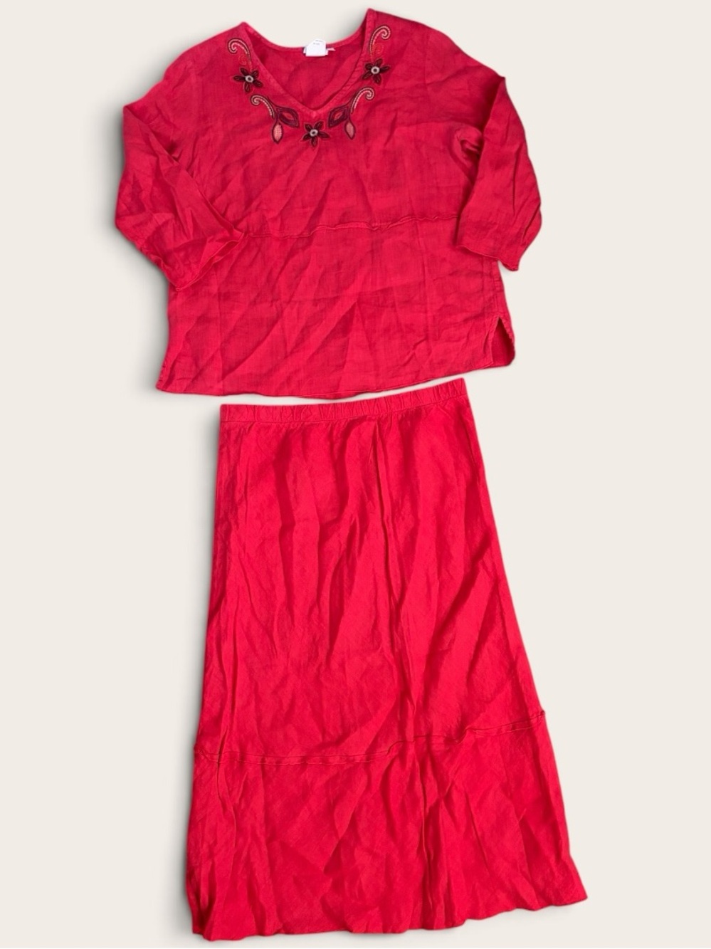 VINTAGE 100% Linen Hot Cotton 2 Piece Set L Red Embroidered Tunic Maxi Skirt